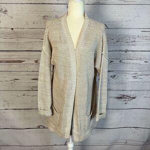 Andrea Jovine Sweater Womens XL Beige Open Knit Pockets Mid Length Caridgan‎